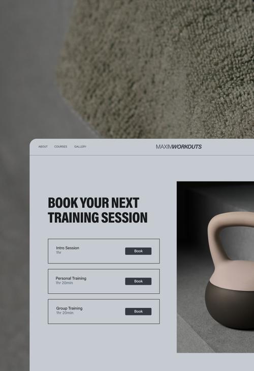 A custom workout website shows upcoming training session types available for booking.