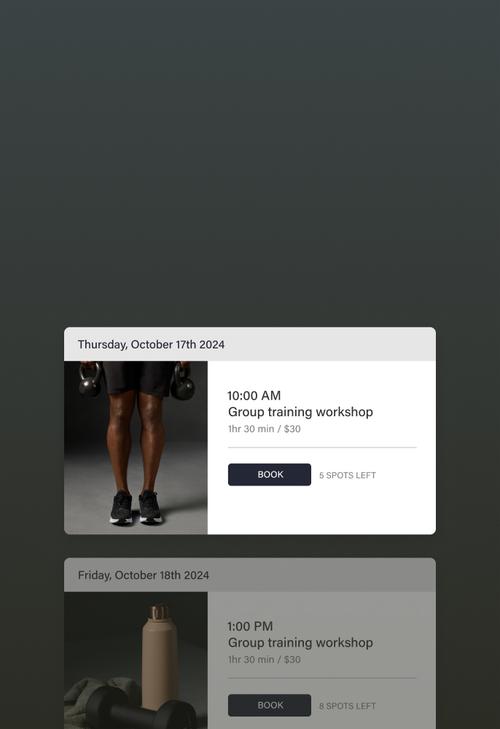 A morning group training workshop shows 5 available spots left for sign-up and includes information on session duration and price.