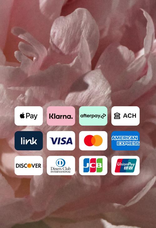Aggregate of payment method options: Apple Pay, Klarna, afterpay, ACH, link, VISA, Mastercard, American Express, Discover, Diners Club International, JCB, Union Pay