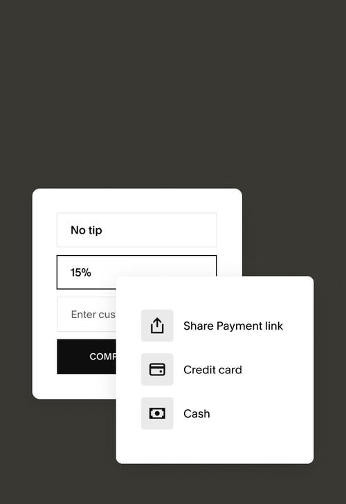 Payment tip screen showing various amounts of tip percentages alongside popular payment methods.